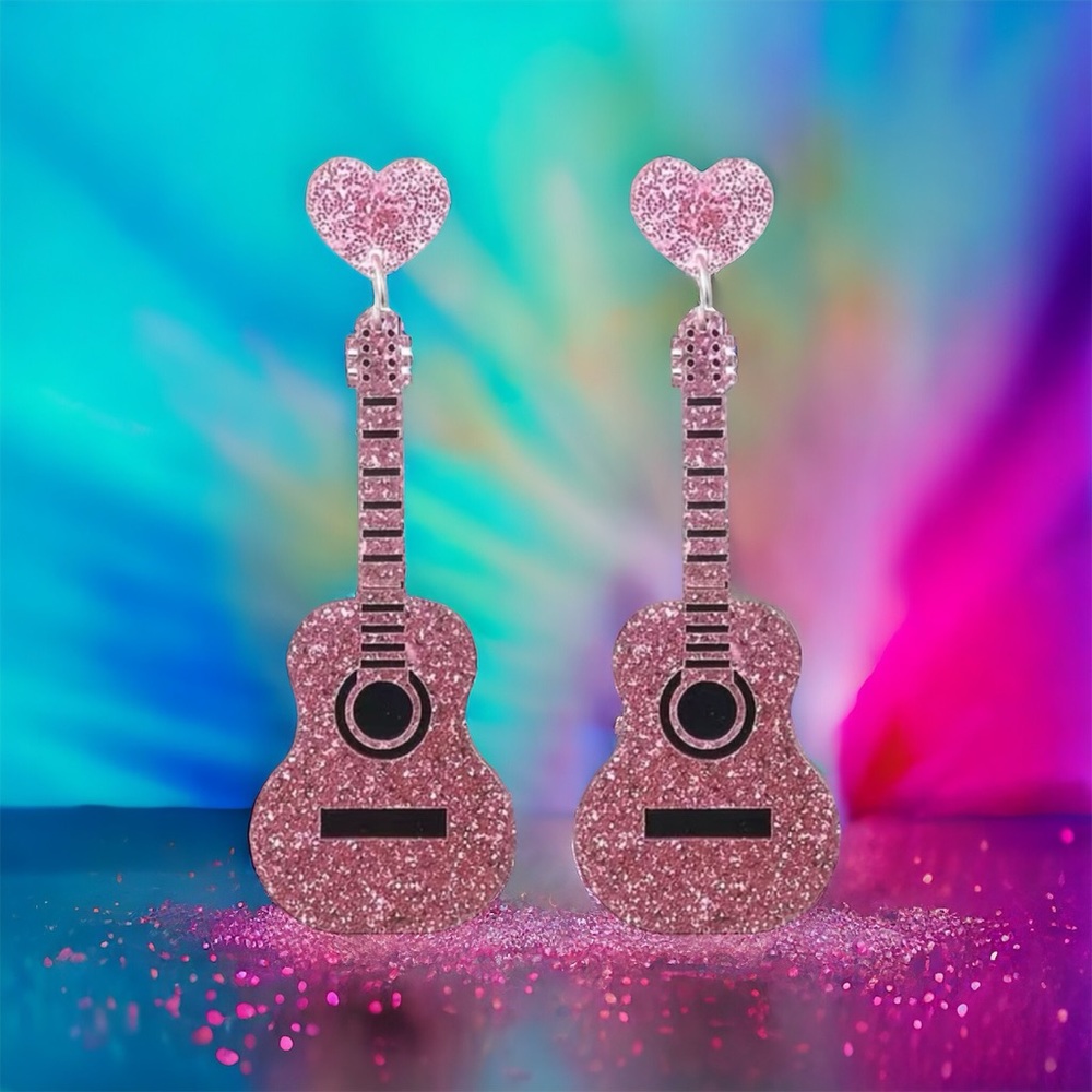 Sparkle with style: Pink guitar glitter acrylic earrings - Picture 4 of 13